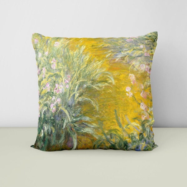 Claude Monet Iris Painting Print Decorative Pillow, Irises Impressionist Art Accent Pillow, Yellow Floral Pillow, Indoor Or Outdoor Use