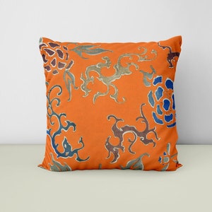 Orange Chinoiserie Floral Block Print Pillow, Orange Floral Traditional Art Decorative Pillow, Vintage Asian Art Block Print Throw Pillow