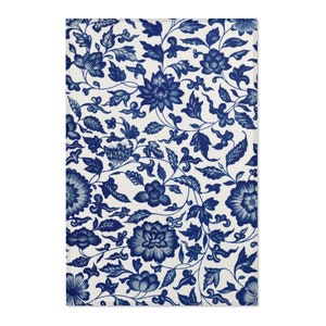 Navy Blue and White Floral Toile Print Decorative Rug, Chinoiserie Flowers Area Rug, Blue Floral Floor Mat, Maximalist Home Decor