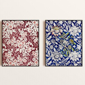 Cartel de flores maximalistas, arte de pared con patrón floral de chintz azul y burdeos, conjunto de dos estampados florales antiguos, decoración única de la habitación imagen 2