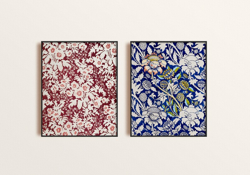 Cartel de flores maximalistas, arte de pared con patrón floral de chintz azul y burdeos, conjunto de dos estampados florales antiguos, decoración única de la habitación imagen 2