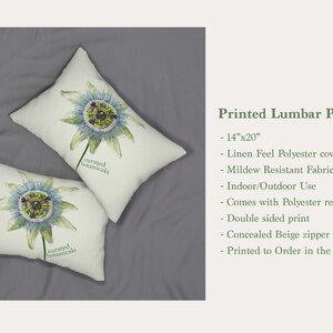 May include: Two rectangular lumbar pillows, each measuring 14" x 20", with a botanical print featuring a passionflower in shades of blue, green, and purple. The pillows have a linen-feel polyester cover and are labeled "curated botanicals".