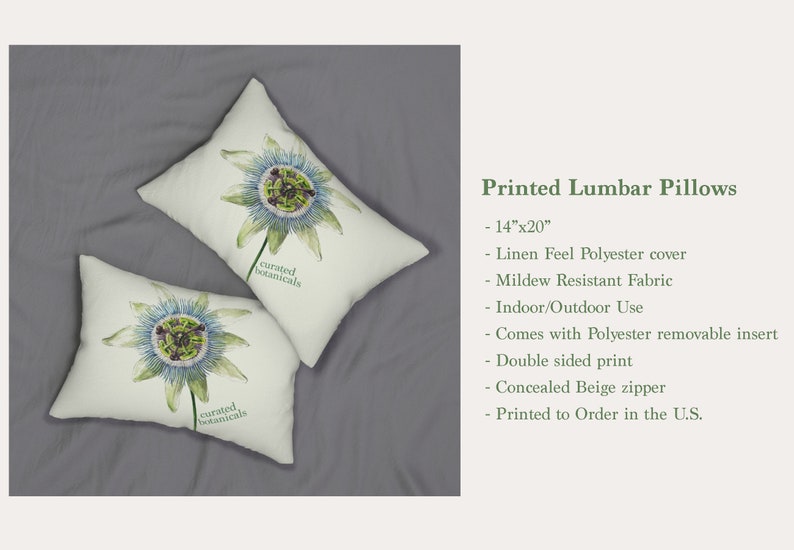May include: Two rectangular lumbar pillows, each measuring 14" x 20", with a botanical print featuring a passionflower in shades of blue, green, and purple. The pillows have a linen-feel polyester cover and are labeled "curated botanicals".