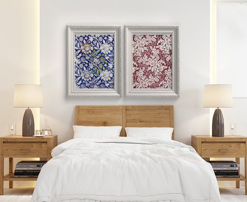 Cartel de flores maximalistas, arte de pared con patrón floral de chintz azul y burdeos, conjunto de dos estampados florales antiguos, decoración única de la habitación imagen 3