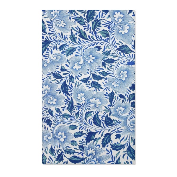Blue and White Chinoiserie Print Area Rug, Antique Chinese Floral Pattern Print Decorative Rug, Maximalist Floral Room Decor, Trendy Print