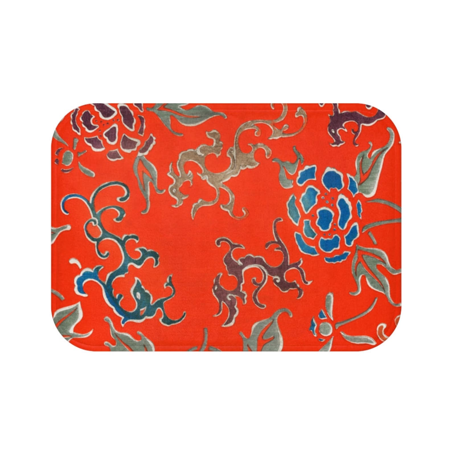Red Oriental Floral Print Bath Mat Vintage Asian Art Decor Etsy UK
