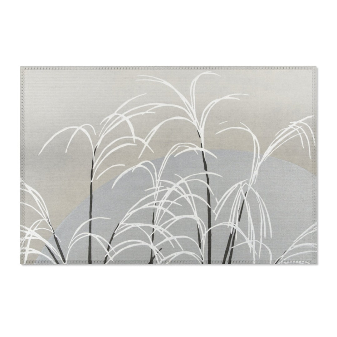 Minimalist Grey Nature Scene Rug, Grey and White Wild Grasses Print Area Rug, Minimalist Wild