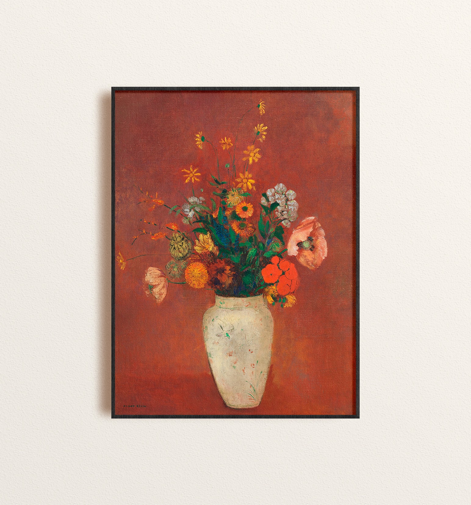 油絵　よっこ確認　ピンクとオレンジ色の花を差した花瓶 オディロン・ルドン 花のジクレー版画：赤錆色の花束の静物画 - Etsy 日本