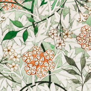 May include: A vintage floral pattern with white and orange flowers on a green background. The flowers are stylized and have a delicate, almost whimsical look. The pattern is repeated throughout the image.
