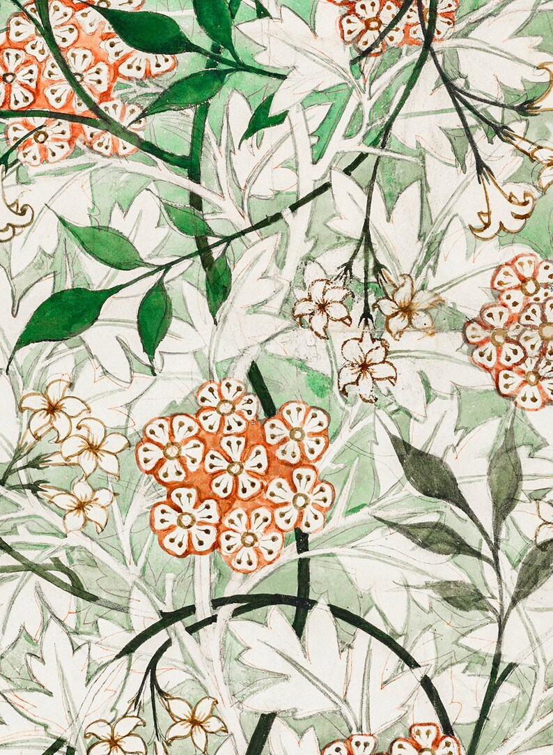 May include: A vintage floral pattern with white and orange flowers on a green background. The flowers are stylized and have a delicate, almost whimsical look. The pattern is repeated throughout the image.
