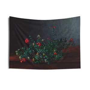 Leon Bovine Wildflower Painting Wall Tapestry, Horizontal Red Flowers and Greenery Still Life Wall Hanging, Baroque Rustic Floral Wall Art