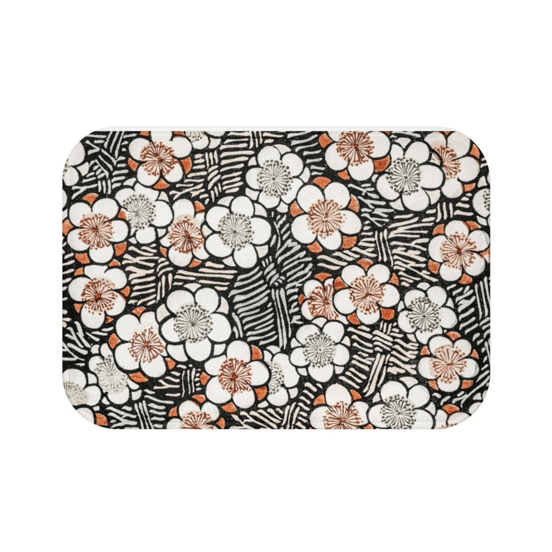 Cherry Blossoms Print Bath Mat, Vintage Sakura Japanese Woodblock Print