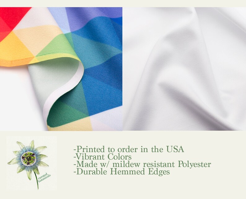 May include: A colorful fabric with a geometric pattern in shades of blue, green, yellow, orange, and red. The fabric is folded over and has a white border. The text "Printed to order in the USA - Vibrant Colors - Made w/ mildew resistant Polyester - Durable Hemmed Edges" is printed below the fabric.