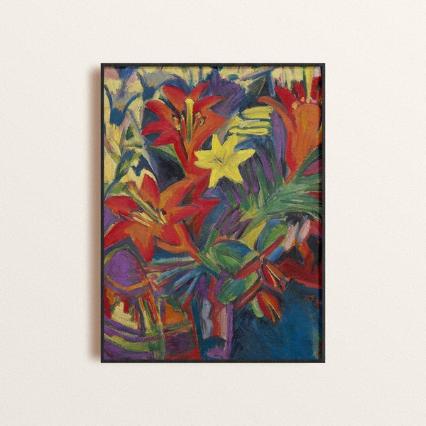 Lily Flowers Still Life Poster, Kirchner Flower Painting Art Print, Floral Expressionist Art, Dark Reds Floral Painting, German Floral Print