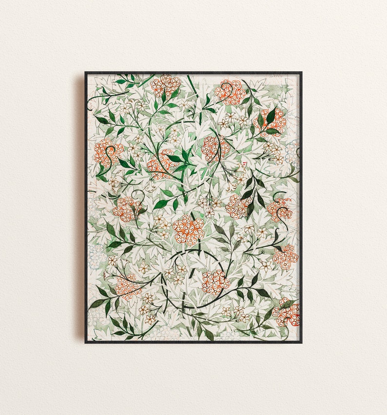 May include: A framed print of a vintage botanical illustration featuring a delicate floral pattern with white flowers and orange-red berries on a white background.