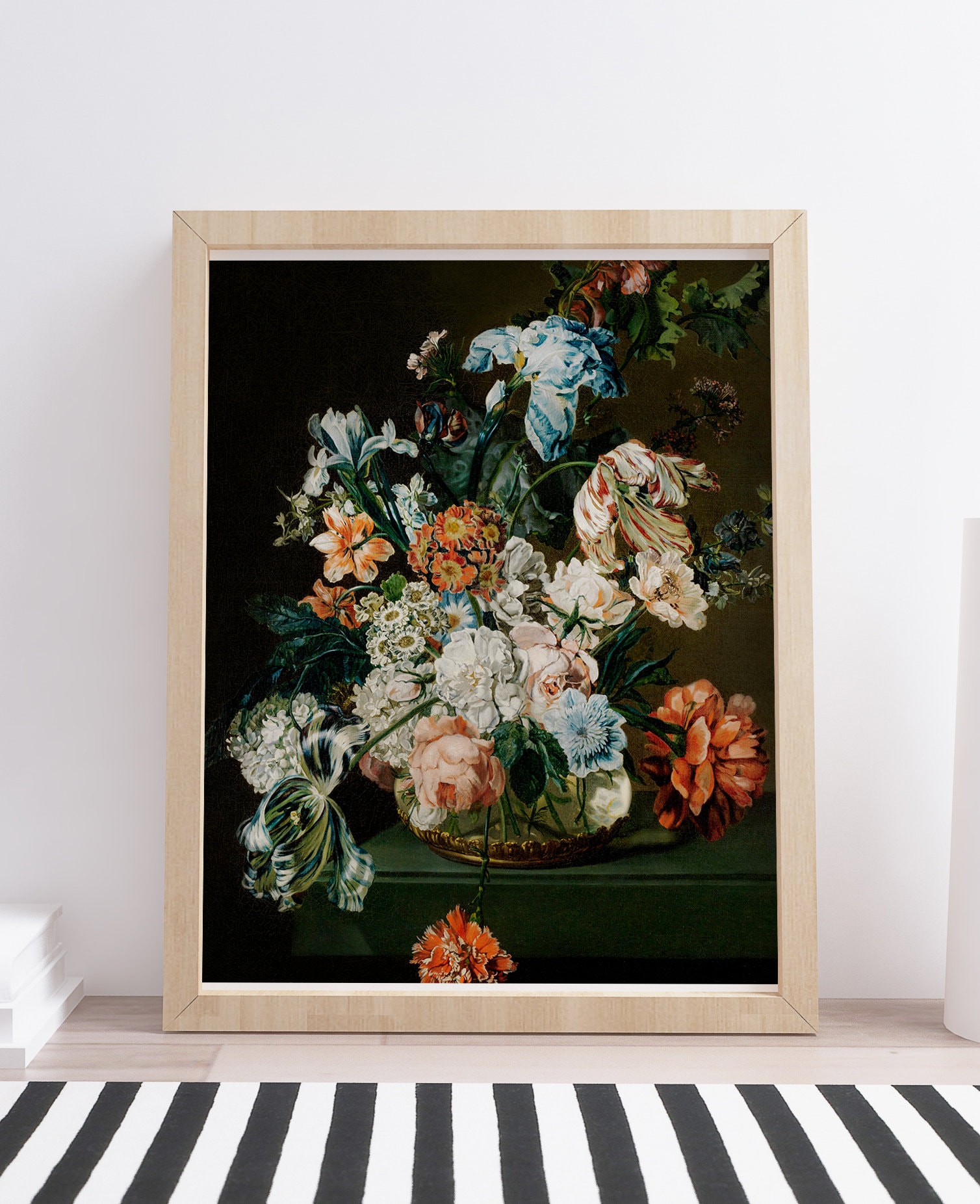 バロック調の花柄静物画：ムーディでダークなアカデミア風インテリア