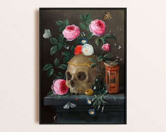Kunstafdruk Skull and Roses: Dark Academia Gothic Home Decor