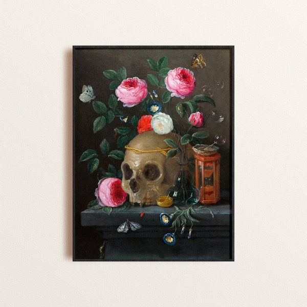 Memento Mori Floral Poster, Skull and Roses Poster, Dark Academia Moody Florals Art Print, Gothic Style Room Decor, Vanitas Poster