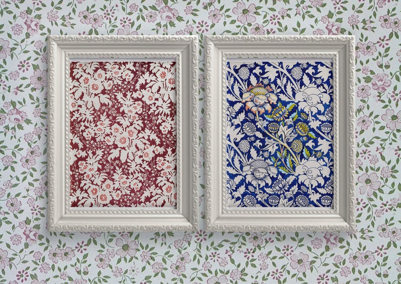 Cartel de flores maximalistas, arte de pared con patrón floral de chintz azul y burdeos, conjunto de dos estampados florales antiguos, decoración única de la habitación imagen 1
