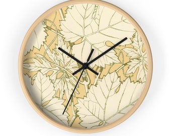 Pastel Yellow Leaves Print Wall Clock, Leaves Illustration Print Decorative Clock, Nature Inspired Home Decor, Muted Colors Home Decor
