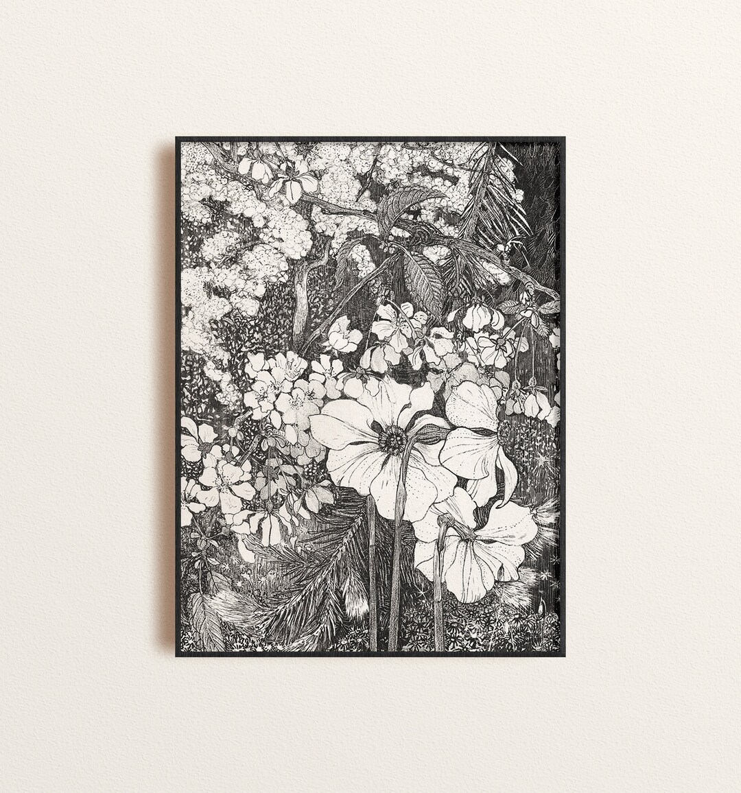 アールヌーボーの花柄プリント：白黒の花のイラスト - Etsy 日本