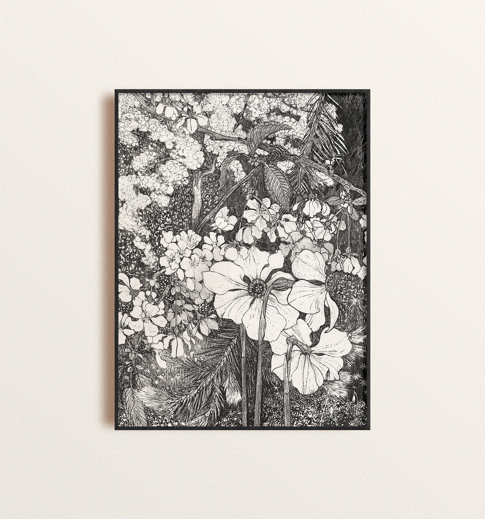 アールヌーボーの花柄プリント：白黒の花のイラスト - Etsy 日本