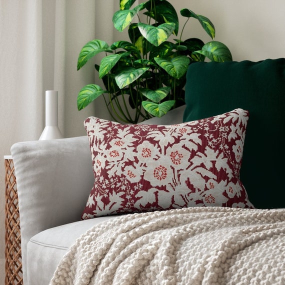 Burgundy Baroque Floral Lumbar Pillow: Red & White Accent Pillow