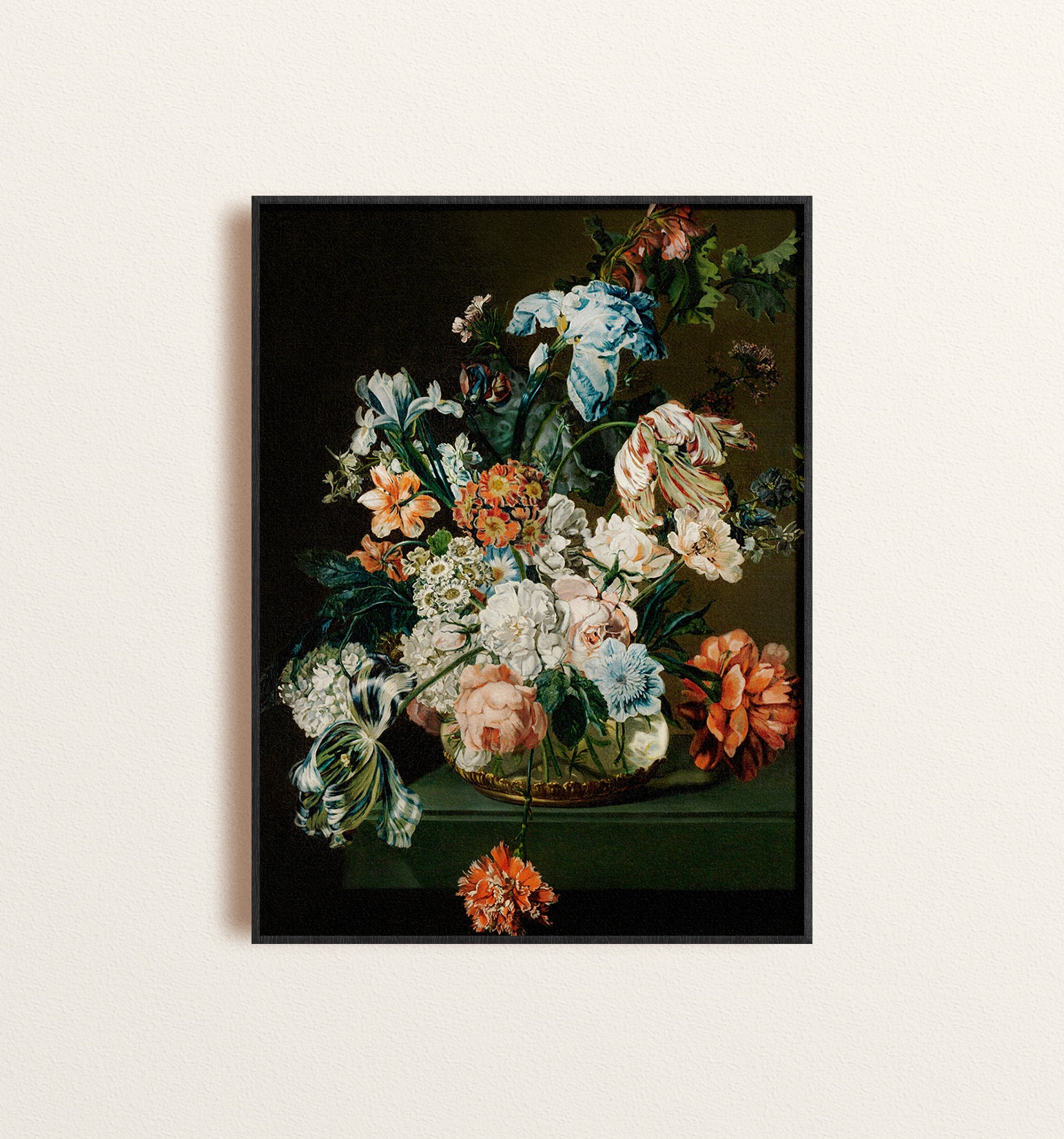 Baroque Flower Still Life Wall Art, Vase of Spring Blooms Art Print, Moody Florals Home Decor, Antique Oil Painting, Dark Academia Decor