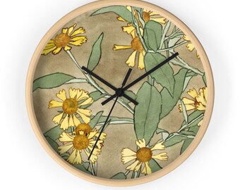 Rustic Yellow Florals Print Wall Clock, Neutral and Earthy Colors Floral Clock, Bohemian Florals Decorative Clock, Wooden Floral Clock