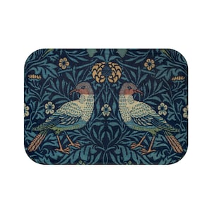 William Morris Birds and Flowers Print Bath Mat, Blue Vintage Floral and Birds Print Bathroom Decor, Arts And Craft Movement Bath Mat