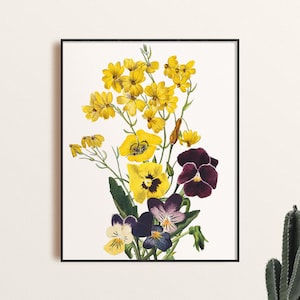 Vintage Pansies and Wildflowers Art Print, Collaged Botanical Illustration Wall Art, Watercolor Flower Poster, Yellow and Purple Floral Art