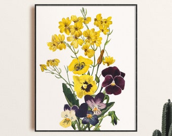 Vintage Pansies and Wildflowers Art Print, Collaged Botanical Illustration Wall Art, Watercolor Flower Poster, Yellow and Purple Floral Art