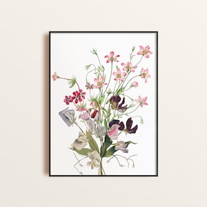 Sweetpea Wildflower Art Print, Collaged Vintage Watercolor Pastel Florals Home Decor, Cottagecore Poster, Light and Airy Floral Wall Art