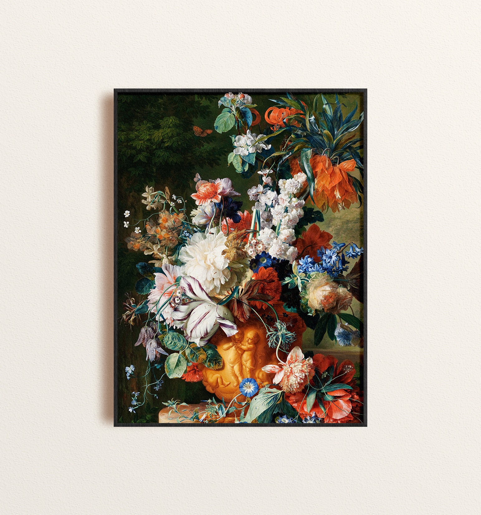 ロココ調の花の静物画アートプリント：コテージコアの花瓶