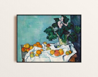 ポール・セザンヌ：リンゴとサクラソウの鉢植えのある静物画（1890年頃
