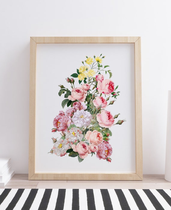 パステルローズのイラストコラージュアートプリント - Etsy 日本