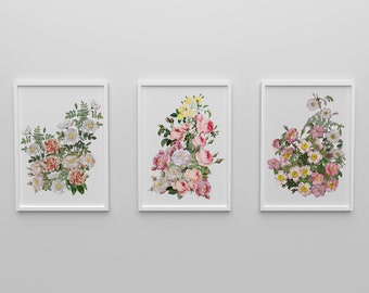 パステルローズプリントセット：アンティークフランスのボタニカルアート