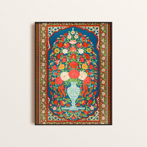 Mughal Flower Art Print, Arabesque Florals Textile Art Poster, Ornamental Mogul Empire Flower Pattern, Maximalist Wall Art