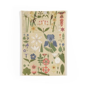 Floral Botanical Chart Indoor Tapestry, 36"x26" Vintage Botanical Hanging Wall Decor, Mixed Florals Wall Art, Cottagecore Wandtapijt