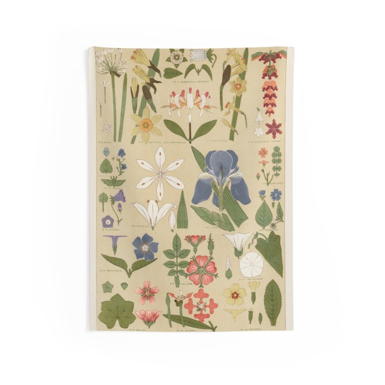 May include: A vintage botanical illustration featuring various flowers and plants. The illustration is on a cream-colored background and includes flowers in shades of blue, pink, yellow, and white.