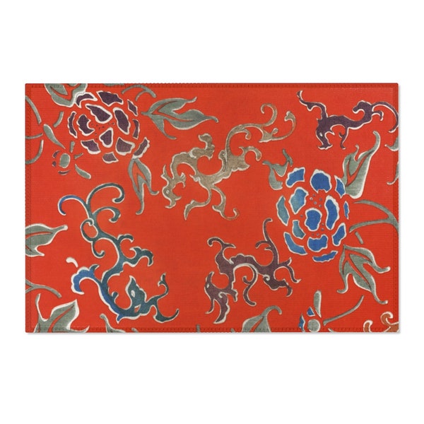 Tapis d’impression florale orientale rouge, tapis décoratif à motifs de fleurs rouges, décor d’inspiration asiatique, tapis de petite surface, tapis d’impression de fleurs rouges vintage