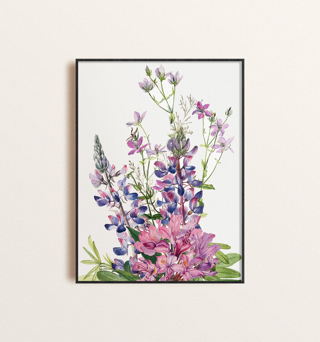 Pink and Purple Wildflowers Wall Art, Antique Lupine Flower Collaged