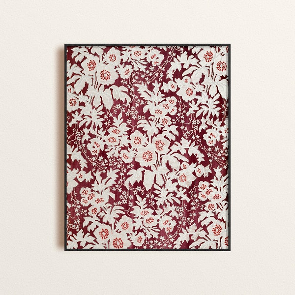 Burgundy Floral Pattern Art Print, Antique Chintz Wall Decor, Granny Chic Home Decor, Victorian Era Textile Arts Home Decor, White Florals