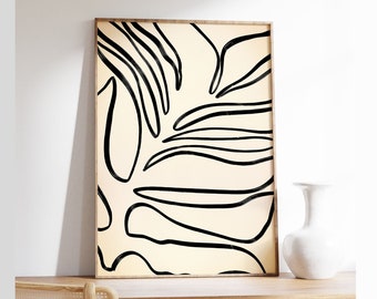 Schwarze Line Art Blatt Druck: Beige Minimalistische Japandi Wand Kunst (Digitaler Download)