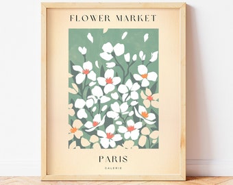 Sage Green Flower Market Print: White Flowers, Boho Wall Decor (Digital Download)