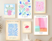 Colorful gallery wall Set of 6 Pink Blue Flower Prints. Eclectic gallery set. Boho Abstract Flowers Print. Pastel Prints. Flower Market set.