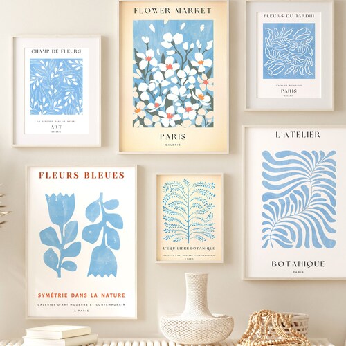 Blue Set of 3 Prints Trendy 3 Piece Wall Art Flower Etsy