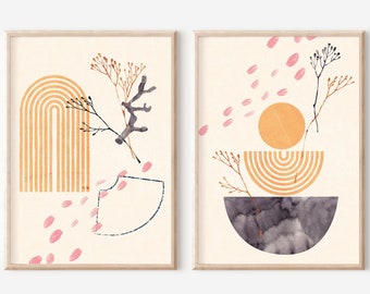 Peut inclure: Deux impressions d'art abstrait sur fond beige. L'impression de gauche présente une arche jaune avec une branche brune et des pétales roses. L'impression de droite présente une arche jaune avec une branche brune, un cercle jaune et des pétales roses.