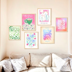 Pink Gallery Wall Set of 6 Prints. Pink and Green Wall Art. Colorful ...