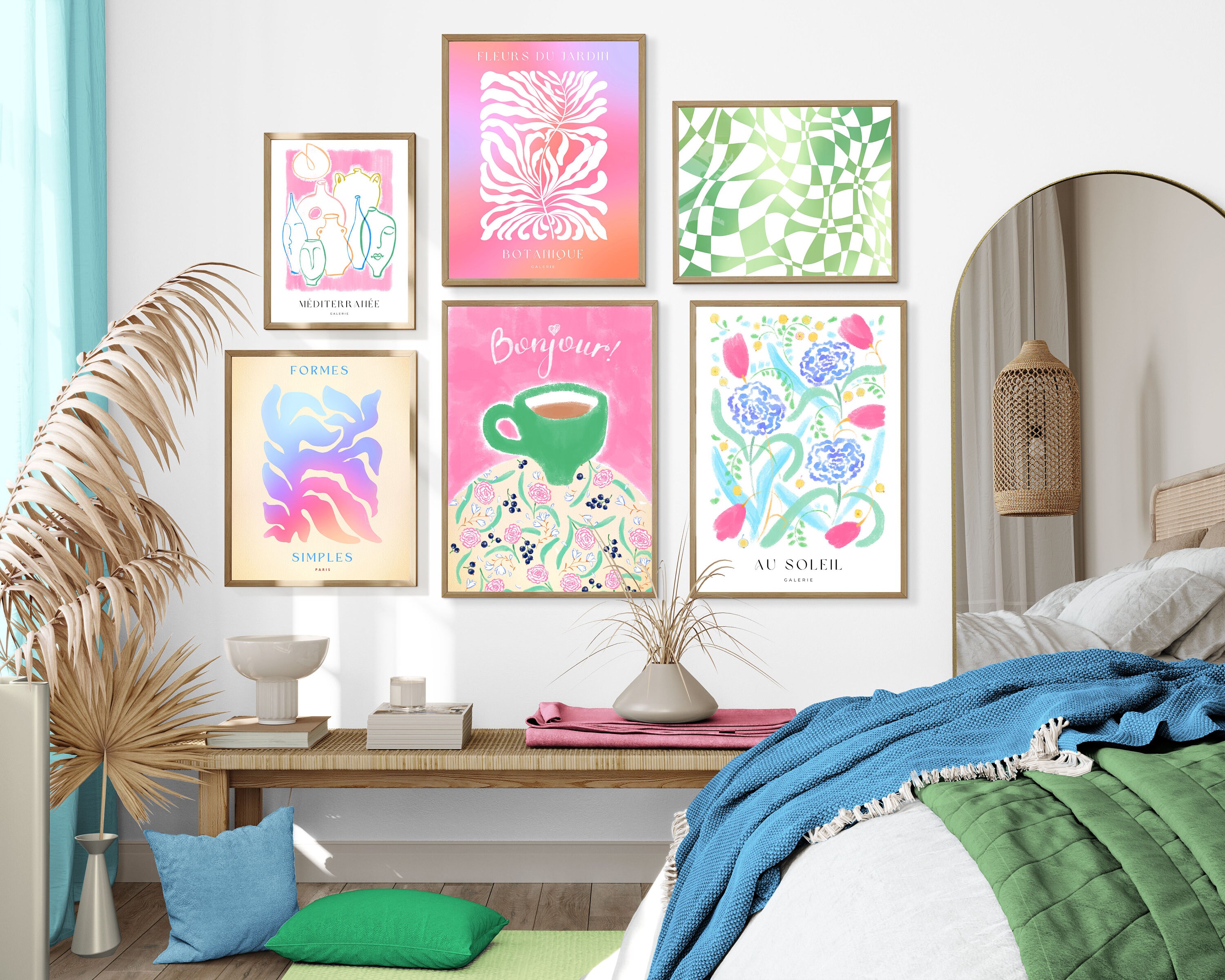 Pink Gallery Wall Set of 6 Prints. Pink and Green Wall Art. Colorful ...